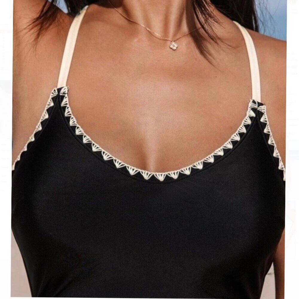 Cupshe Women Black Scallop Shell Stiched Trim One Piece Swimsuit Ruched M NWT - Picture 5 of 12